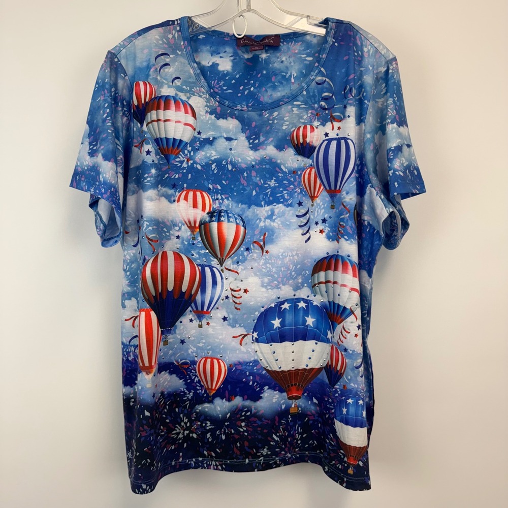 Gloria Vanderbilt Patriotic Hot Air Balloon Rhinestone Top XL Blue Fireworks 4th
